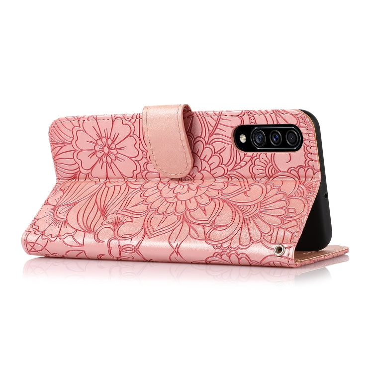 For Samsung Galaxy A30s Skin Feel Embossed Sunflower Horizontal Flip Leather Case with Holder & Card Slots & Wallet & Lanyard(Rose Gold) by buy2fix