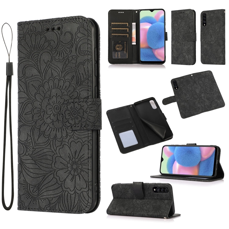 For Samsung Galaxy A30s Skin Feel Embossed Sunflower Horizontal Flip Leather Case with Holder & Card Slots & Wallet & Lanyard(Black) by buy2fix