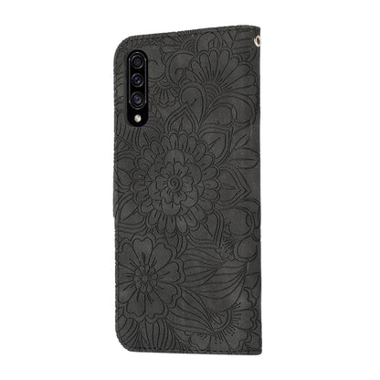 For Samsung Galaxy A30s Skin Feel Embossed Sunflower Horizontal Flip Leather Case with Holder & Card Slots & Wallet & Lanyard(Black) by buy2fix