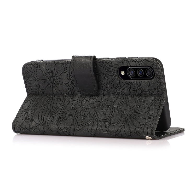 For Samsung Galaxy A30s Skin Feel Embossed Sunflower Horizontal Flip Leather Case with Holder & Card Slots & Wallet & Lanyard(Black) by buy2fix