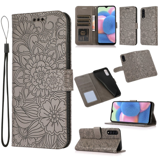 For Samsung Galaxy A30s Skin Feel Embossed Sunflower Horizontal Flip Leather Case with Holder & Card Slots & Wallet & Lanyard(Gray) - Galaxy Phone Cases by buy2fix | Online Shopping UK | buy2fix