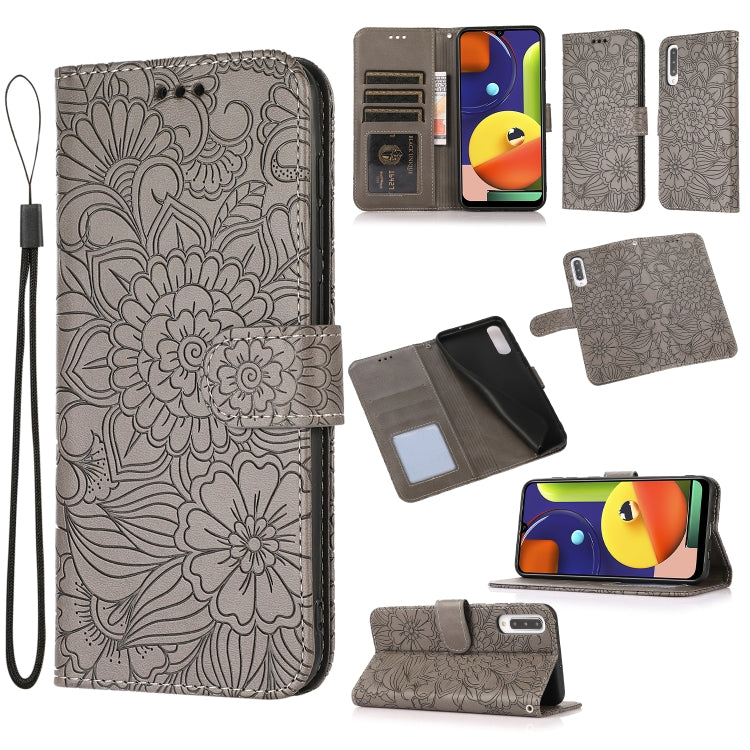 For Samsung Galaxy A50s Skin Feel Embossed Sunflower Horizontal Flip Leather Case with Holder & Card Slots & Wallet & Lanyard(Gray) - Galaxy Phone Cases by buy2fix | Online Shopping UK | buy2fix
