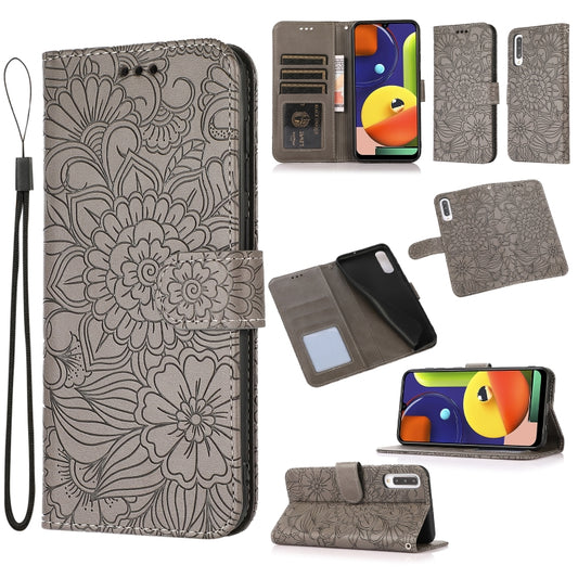 For Samsung Galaxy A50s Skin Feel Embossed Sunflower Horizontal Flip Leather Case with Holder & Card Slots & Wallet & Lanyard(Gray) - Galaxy Phone Cases by buy2fix | Online Shopping UK | buy2fix