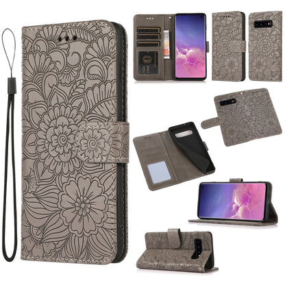 For Samsung Galaxy S10+ Skin Feel Embossed Sunflower Horizontal Flip Leather Case with Holder & Card Slots & Wallet & Lanyard(Gray) by buy2fix