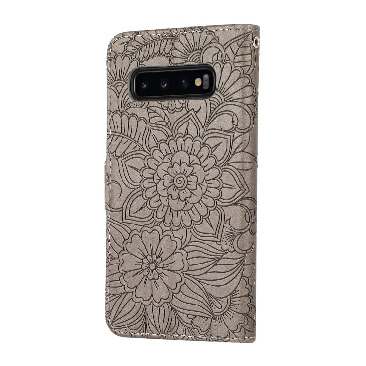 For Samsung Galaxy S10+ Skin Feel Embossed Sunflower Horizontal Flip Leather Case with Holder & Card Slots & Wallet & Lanyard(Gray) by buy2fix