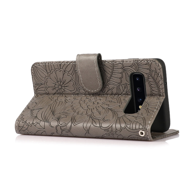 For Samsung Galaxy S10+ Skin Feel Embossed Sunflower Horizontal Flip Leather Case with Holder & Card Slots & Wallet & Lanyard(Gray) by buy2fix