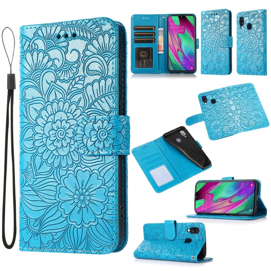 For Samsung Galaxy A40 Skin Feel Embossed Sunflower Horizontal Flip Leather Case with Holder & Card Slots & Wallet & Lanyard(Blue)