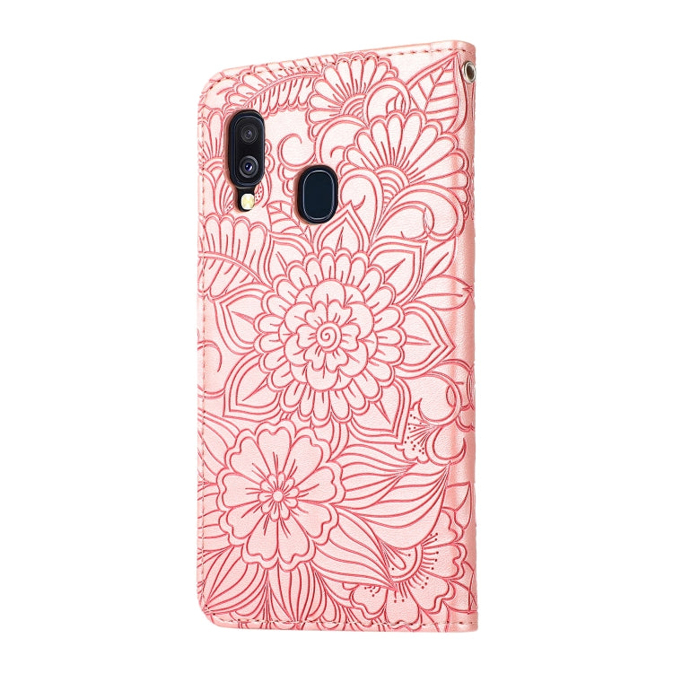 For Samsung Galaxy A40 Skin Feel Embossed Sunflower Horizontal Flip Leather Case with Holder & Card Slots & Wallet & Lanyard(Rose Gold) by buy2fix