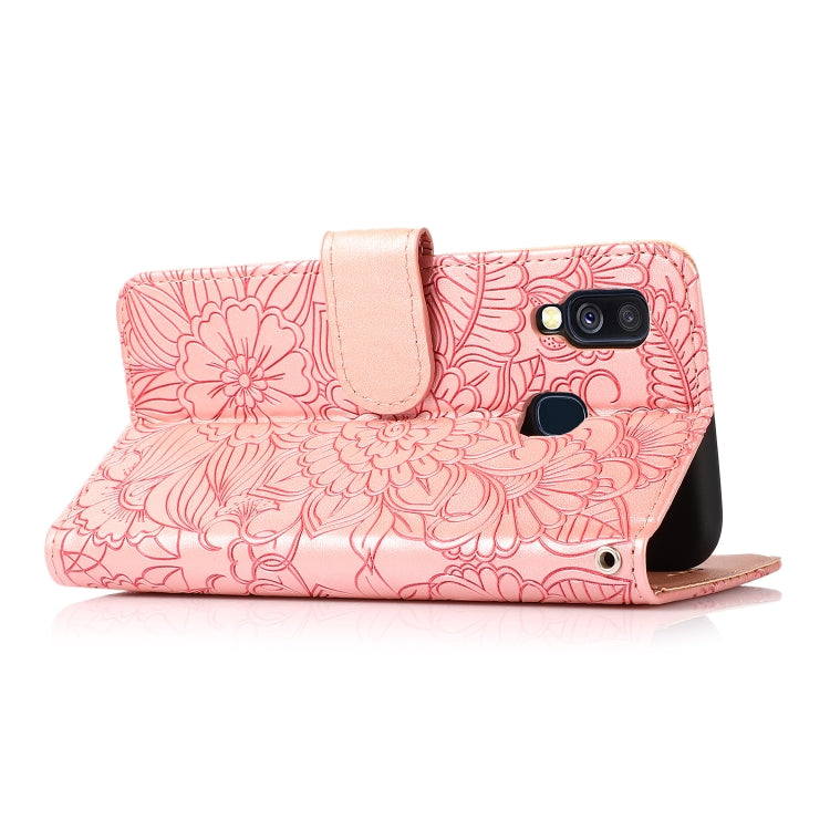 For Samsung Galaxy A40 Skin Feel Embossed Sunflower Horizontal Flip Leather Case with Holder & Card Slots & Wallet & Lanyard(Rose Gold) by buy2fix