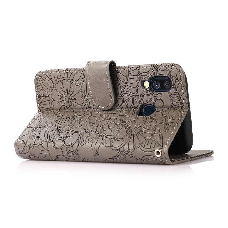 For Samsung Galaxy A40 Skin Feel Embossed Sunflower Horizontal Flip Leather Case with Holder & Card Slots & Wallet & Lanyard(Gray) by buy2fix