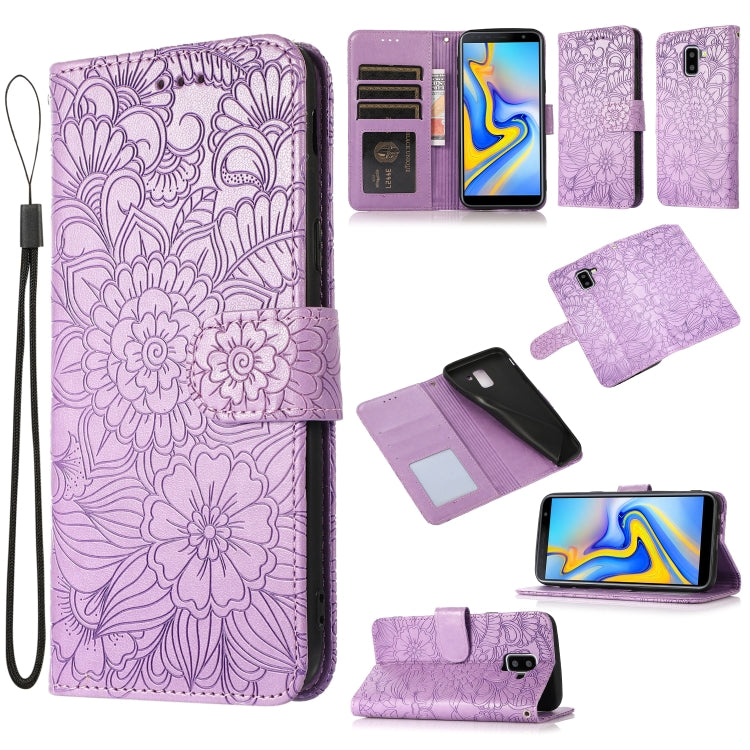 For Samsung Galaxy J6 Skin Feel Embossed Sunflower Horizontal Flip Leather Case with Holder & Card Slots & Wallet & Lanyard(Purple) by buy2fix