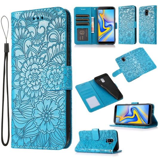 For Samsung Galaxy J6 Skin Feel Embossed Sunflower Horizontal Flip Leather Case with Holder & Card Slots & Wallet & Lanyard(Blue) - Galaxy Phone Cases by buy2fix | Online Shopping UK | buy2fix