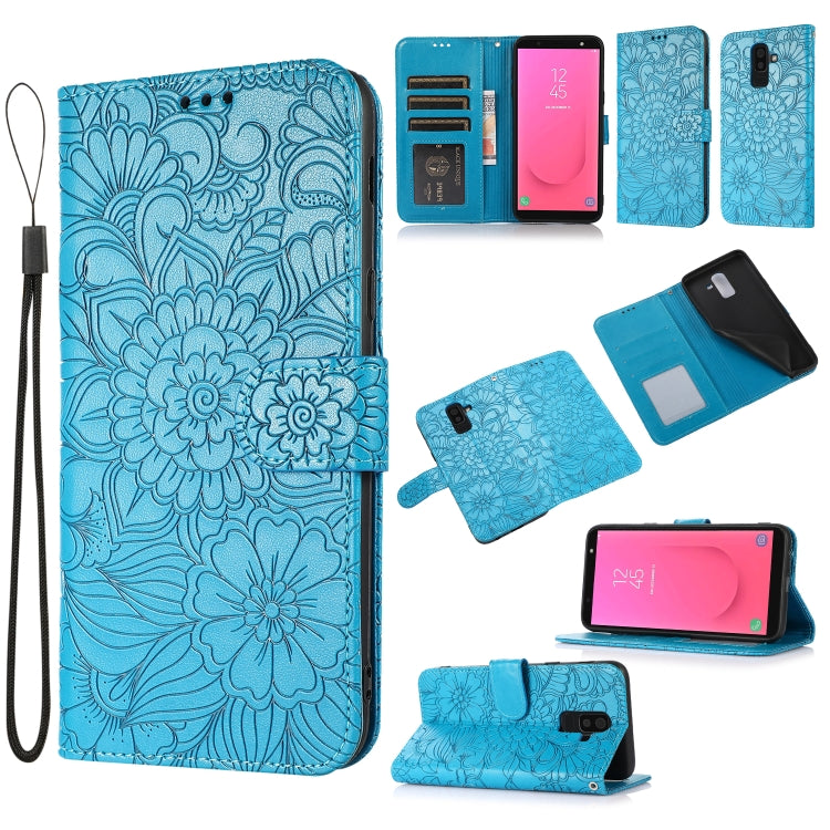 For Samsung Galaxy J8 Skin Feel Embossed Sunflower Horizontal Flip Leather Case with Holder & Card Slots & Wallet & Lanyard(Blue) by buy2fix