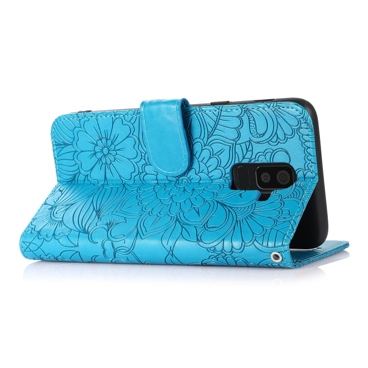 For Samsung Galaxy J8 Skin Feel Embossed Sunflower Horizontal Flip Leather Case with Holder & Card Slots & Wallet & Lanyard(Blue) by buy2fix