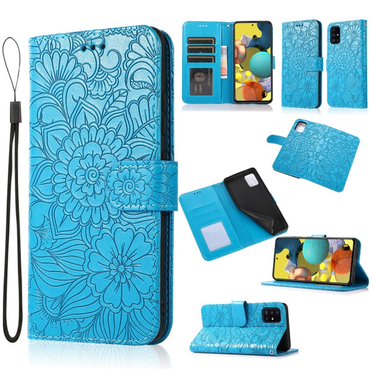 For Samsung Galaxy A51 Skin Feel Embossed Sunflower Horizontal Flip Leather Case with Holder & Card Slots & Wallet & Lanyard(Blue) by buy2fix