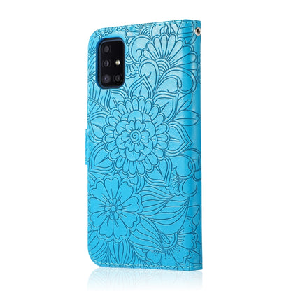 For Samsung Galaxy A51 Skin Feel Embossed Sunflower Horizontal Flip Leather Case with Holder & Card Slots & Wallet & Lanyard(Blue) by buy2fix