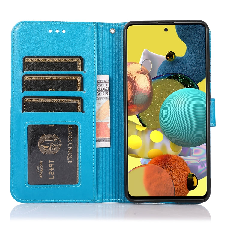 For Samsung Galaxy A51 Skin Feel Embossed Sunflower Horizontal Flip Leather Case with Holder & Card Slots & Wallet & Lanyard(Blue) by buy2fix