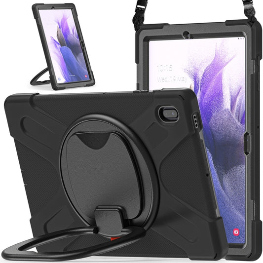 For Samsung Galaxy Tab S7 FE T730 Silicone + PC Protective Case with Holder & Shoulder Strap(Black+Black) - Other Galaxy Tab PC by buy2fix | Online Shopping UK | buy2fix