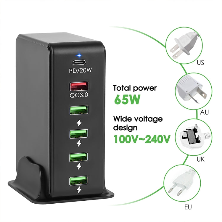 6 in 1 65W PD USB-C / Type-C + QC 3.0 USB + 4 USB Multi-port Travel Charger, EU Plug(Black) - USB Charger by buy2fix | Online Shopping UK | buy2fix