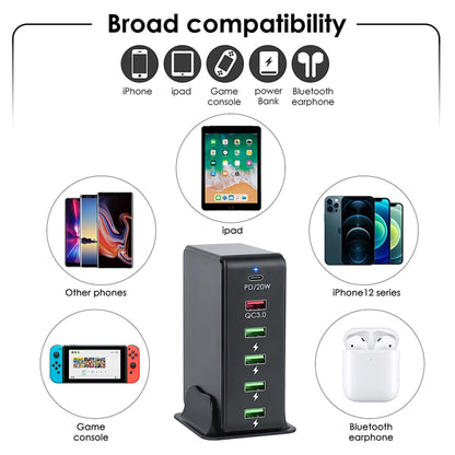 6 in 1 65W PD USB-C / Type-C + QC 3.0 USB + 4 USB Multi-port Travel Charger, EU Plug(Black) - USB Charger by buy2fix | Online Shopping UK | buy2fix