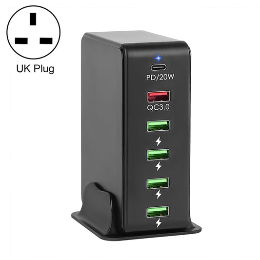 6 in 1 65W PD USB-C / Type-C + QC 3.0 USB + 4 USB Multi-port Travel Charger, UK Plug(Black) - USB Charger by buy2fix | Online Shopping UK | buy2fix