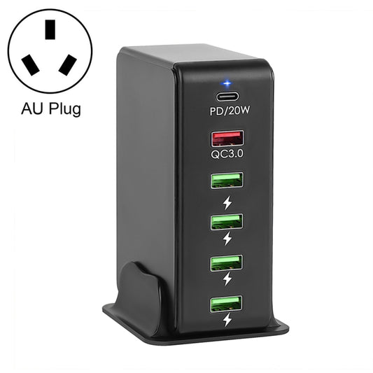 6 in 1 65W PD USB-C / Type-C + QC 3.0 USB + 4 USB Multi-port Travel Charger, AU Plug(Black) - USB Charger by buy2fix | Online Shopping UK | buy2fix