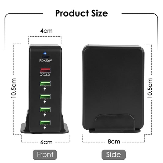 6 in 1 65W PD USB-C / Type-C + QC 3.0 USB + 4 USB Multi-port Travel Charger, AU Plug(Black) - USB Charger by buy2fix | Online Shopping UK | buy2fix