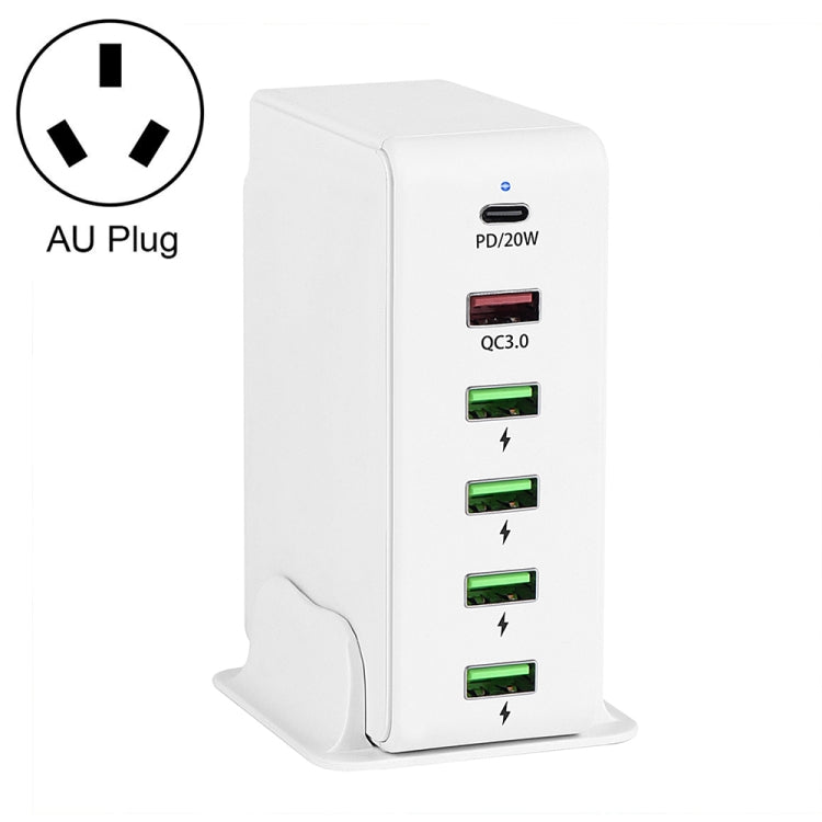 6 in 1 65W PD USB-C / Type-C + QC 3.0 USB + 4 USB Multi-port Travel Charger, AU Plug(White) - USB Charger by buy2fix | Online Shopping UK | buy2fix