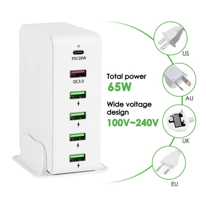 6 in 1 65W PD USB-C / Type-C + QC 3.0 USB + 4 USB Multi-port Travel Charger, AU Plug(White) - USB Charger by buy2fix | Online Shopping UK | buy2fix
