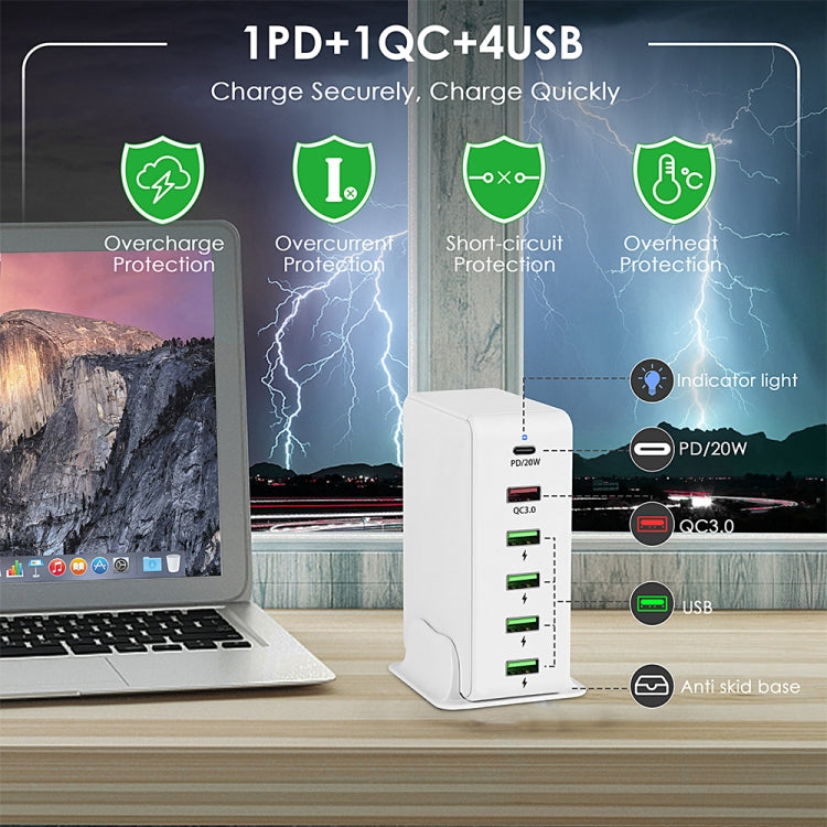 6 in 1 65W PD USB-C / Type-C + QC 3.0 USB + 4 USB Multi-port Travel Charger, AU Plug(White) - USB Charger by buy2fix | Online Shopping UK | buy2fix