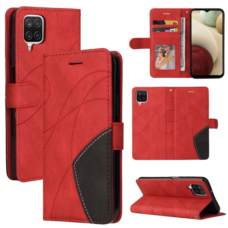 For Samsung Galaxy A12 5G Dual-color Splicing Horizontal Flip PU Leather Case with Holder & Card Slots & Wallet(Red) by buy2fix