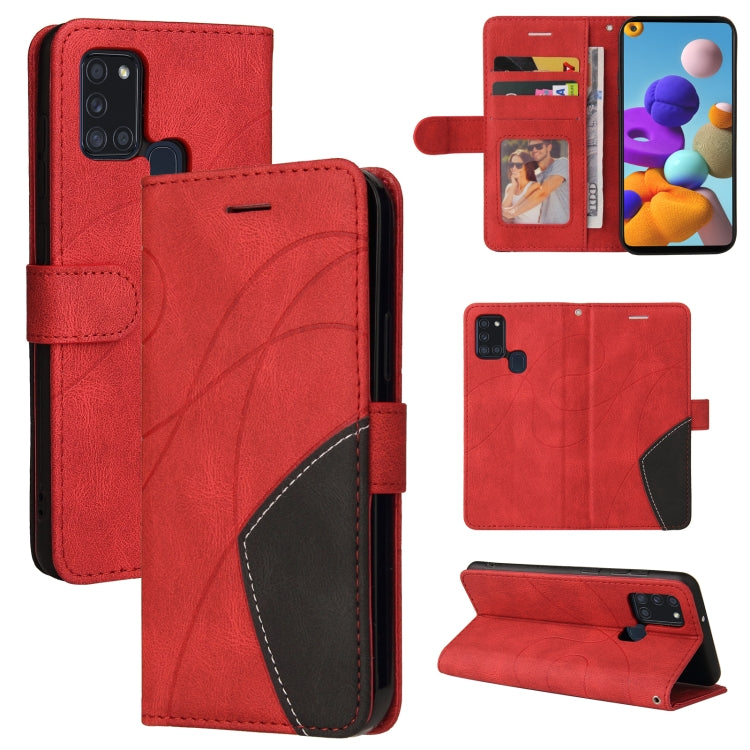 For Samsung Galaxy A21s Dual-color Splicing Horizontal Flip PU Leather Case with Holder & Card Slots & Wallet(Red) by buy2fix