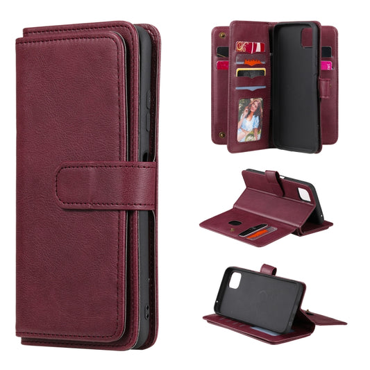 For Samsung Galaxy A22 5G Multifunctional Magnetic Copper Buckle Horizontal Flip Solid Color Leather Case with 10 Card Slots & Wallet & Holder & Photo Frame(Wine Red) by buy2fix