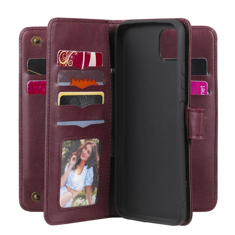 For Samsung Galaxy A22 5G Multifunctional Magnetic Copper Buckle Horizontal Flip Solid Color Leather Case with 10 Card Slots & Wallet & Holder & Photo Frame(Wine Red) by buy2fix
