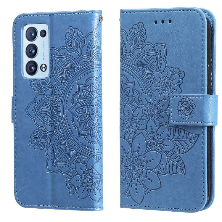 For OPPO Reno6 5G 7-petal Flowers Embossing Pattern Horizontal Flip PU Leather Case with Holder & Card Slots & Wallet & Photo Frame(Blue) by buy2fix