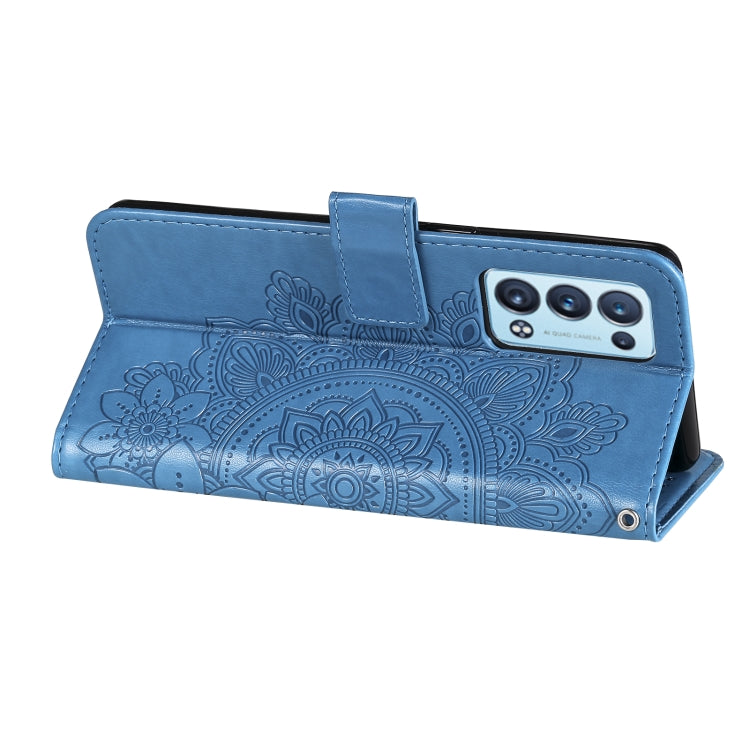 For OPPO Reno6 5G 7-petal Flowers Embossing Pattern Horizontal Flip PU Leather Case with Holder & Card Slots & Wallet & Photo Frame(Blue) by buy2fix