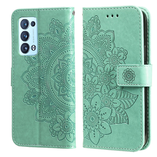 For OPPO Reno6 5G 7-petal Flowers Embossing Pattern Horizontal Flip PU Leather Case with Holder & Card Slots & Wallet & Photo Frame(Green) by buy2fix