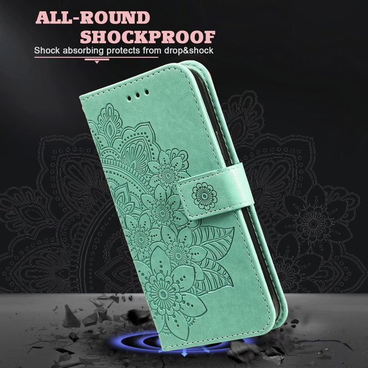 For OPPO Reno6 5G 7-petal Flowers Embossing Pattern Horizontal Flip PU Leather Case with Holder & Card Slots & Wallet & Photo Frame(Green) by buy2fix