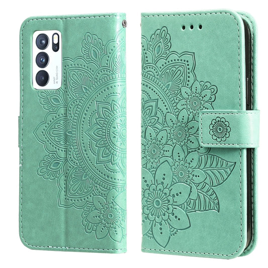 For OPPO Reno 6 Pro 5G 7-petal Flowers Embossing Pattern Horizontal Flip PU Leather Case with Holder & Card Slots & Wallet & Photo Frame(Green) by buy2fix