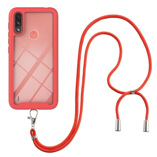 For Motorola Moto E7 Power Starry Sky Solid Color Series Shockproof PC + TPU Protective Case with Neck Strap(Red)