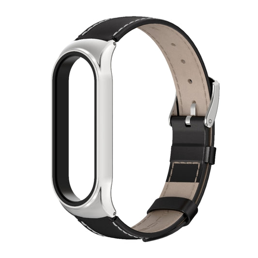 For Xiaomi Mi Band 6 / 5 / 4 / 3 Mijobs CS First Layer Cowhide Watch Band(Black + Silver) - Watch Bands by MIJOBS | Online Shopping UK | buy2fix
