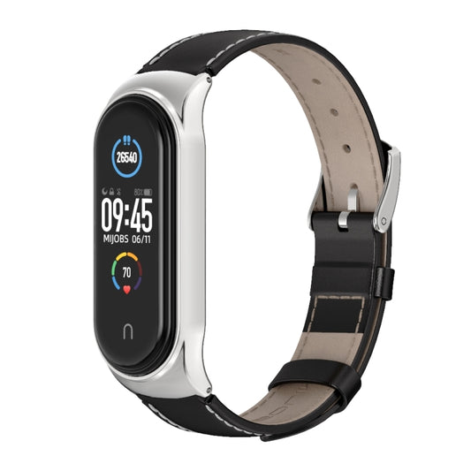 For Xiaomi Mi Band 6 / 5 / 4 / 3 Mijobs CS First Layer Cowhide Watch Band(Black + Silver) - Watch Bands by MIJOBS | Online Shopping UK | buy2fix