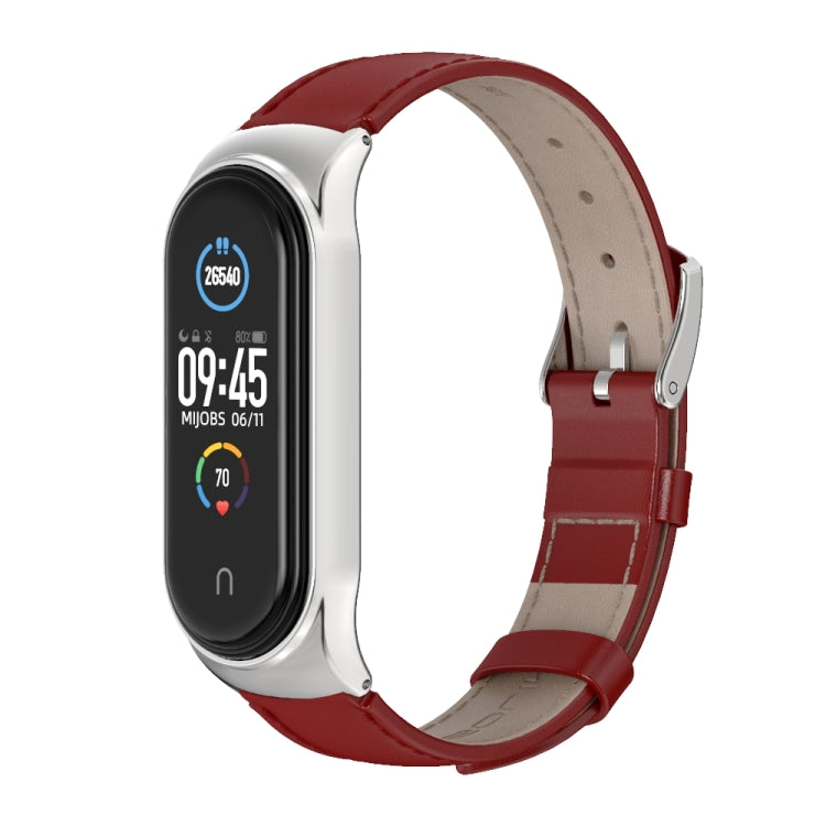 For Xiaomi Mi Band 6 / 5 / 4 / 3 Mijobs CS First Layer Cowhide Watch Band(Red + Silver) - Watch Bands by MIJOBS | Online Shopping UK | buy2fix