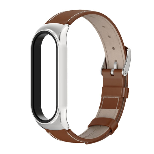 For Xiaomi Mi Band 6 / 5 / 4 / 3 Mijobs CS First Layer Cowhide Watch Band(Brown + Silver) - Watch Bands by MIJOBS | Online Shopping UK | buy2fix