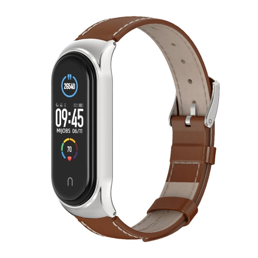 For Xiaomi Mi Band 6 / 5 / 4 / 3 Mijobs CS First Layer Cowhide Watch Band(Brown + Silver) - Watch Bands by MIJOBS | Online Shopping UK | buy2fix
