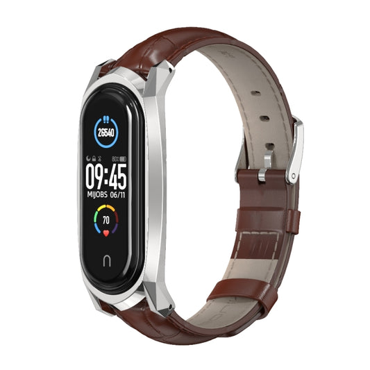 For Xiaomi Mi Band 6 / 5 / 4 / 3 Mijobs GT First Layer Cowhide Watch Band(Bamboo Joint Coffee+Silver) - Watch Bands by MIJOBS | Online Shopping UK | buy2fix