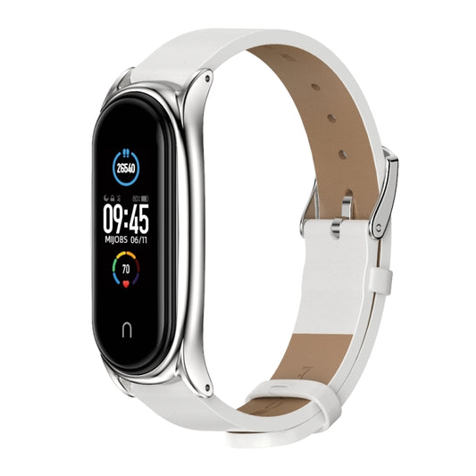 For Xiaomi Mi Band 6 / 5 / 4 / 3 Mijobs Metal Case Crazy Horse Texture PU Microfiber Plus Watch Band(White Silver) - Watch Bands by MIJOBS | Online Shopping UK | buy2fix