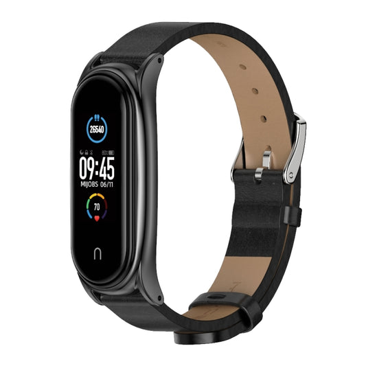 For Xiaomi Mi Band 6 / 5 / 4 / 3 Mijobs Metal Case Crazy Horse Texture PU Microfiber Plus Watch Band(Black) - Watch Bands by MIJOBS | Online Shopping UK | buy2fix