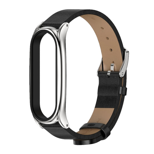For Xiaomi Mi Band 6 / 5 / 4 / 3 Mijobs Metal Case Crazy Horse Texture PU Microfiber Plus Watch Band(Black Silver) - Watch Bands by MIJOBS | Online Shopping UK | buy2fix