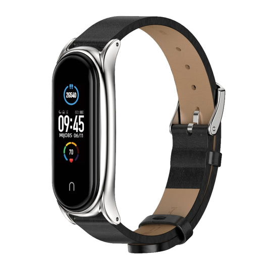 For Xiaomi Mi Band 6 / 5 / 4 / 3 Mijobs Metal Case Crazy Horse Texture PU Microfiber Plus Watch Band(Black Silver) - Watch Bands by MIJOBS | Online Shopping UK | buy2fix